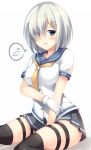  alternate_legwear between_legs black_legwear blue_eyes blush collarbone dress_shirt embarrassed eyebrows_visible_through_hair eyes_visible_through_hair gloves grey_skirt hair_between_eyes hair_ornament hair_over_one_eye hairclip hamakaze_(kantai_collection) hand_between_legs highres kantai_collection long_sleeves looking_at_viewer miniskirt neckerchief pleated_skirt shiny shiny_clothes shirt short_hair silver_hair simple_background sitting sketch skirt solo thigh_strap thighhighs tomoo_(tomo) white_background white_gloves white_shirt yellow_neckwear 