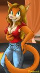  anthro breasts cat clarisse cleavage clothed clothing feline female fur fureverick gold_hair green_eyes ines_cudna inside jeans long_tail mammal multicolored_fur orange_fur pants solo standing two_tone_fur 