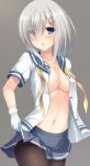  black_legwear blue_eyes blush breasts cleavage collarbone cowboy_shot eyes_visible_through_hair gloves grey_background grey_skirt hair_ornament hair_over_one_eye hairclip hamakaze_(kantai_collection) highres kantai_collection long_hair medium_breasts midriff miniskirt navel open_clothes open_mouth open_shirt pantyhose pleated_skirt shiny shiny_clothes shirt short_sleeves silver_hair simple_background skirt skirt_hold solo standing stomach tomoo_(tomo) white_gloves white_shirt yellow_neckwear 