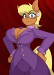  2018 anthro anthrofied blonde_hair blue_eyes breasts cleavage clothed clothing equine female friendship_is_magic hair horse jrvanesbroek mammal ms_harshwhinny_(mlp) my_little_pony piercing pony pose short_hair solo 
