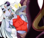  alice_(mon-musu_quest!) blue_skin blush bunny_girl champagne lamia looking_at_viewer mon-musu_quest! monster_girl serving_tray tagme tail tattoo tray white_hair 