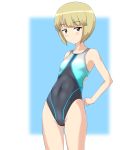  absurdres bangs black_eyes blonde_hair blunt_bangs cameltoe commentary_request competition_swimsuit covered_navel cowboy_shot cutlass_(girls_und_panzer) eyebrows_visible_through_hair flat_chest girls_und_panzer girls_und_panzer_saishuushou highres leaning_back looking_at_viewer multicolored multicolored_clothes multicolored_swimsuit one-piece_swimsuit short_hair solo swimsuit takafumi 