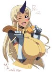  2016 ;d absurdres blonde_hair blush breast_squeeze breasts commentary_request dated fang gauntlets highres horn huge_breasts kagiyama_(gen'ei_no_hasha) long_hair monster_musume_no_iru_nichijou ogre one_eye_closed open_mouth pointy_ears red_eyes signature simple_background smile solo tionishia uniform upper_body very_long_hair white_background 