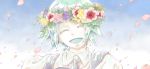  androgynous colored_eyelashes flower gem_uniform_(houseki_no_kuni) green_hair happy head_wreath houseki_no_kuni necktie open_mouth petals phosphophyllite short_hair shuiqin smile solo suspenders upper_body 