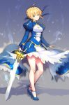  artoria_pendragon_(all) bangs blonde_hair blue_dress blue_footwear blush braid breasts cleavage closed_mouth commentary_request dress excalibur eyebrows_visible_through_hair fate/stay_night fate_(series) green_eyes hair_between_eyes hair_bun head_tilt high_heels holding holding_sword holding_weapon juliet_sleeves long_sleeves looking_at_viewer puffy_sleeves saber short_hair sidelocks small_breasts solo standing suishougensou sword v-shaped_eyebrows weapon 