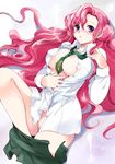  between_breasts blush breasts cleavage code_geass euphemia_li_britannia kurimomo large_breasts long_hair lying necktie nipple_slip nipples no_bra no_panties on_back open_clothes open_shirt pink_hair purple_eyes shirt solo undressing 