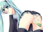  1girl anal anal_insertion anal_object_insertion ass_juice blue_hair breasts censored dildo double_insertion female food food_insertion hatsune_miku kinosaki_yuki long_hair miku_hatsune no_panties object_insertion pussy pussy_juice simple_background solo spring_onion thighhighs twintails upskirt vaginal vaginal_insertion vaginal_object_insertion vegetable vegetable_dildo vegetables vocaloid 