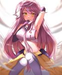  absurdres angel_wings arm_behind_head armpits breasts chiinyan commentary_request crop_top feathered_wings gloves halo highres jibril_(no_game_no_life) large_breasts long_hair low_wings magic_circle midriff no_game_no_life pink_hair sideboob smile solo thighhighs very_long_hair white_wings wing_ears wings yellow_eyes 