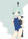  bangs bare_arms bare_shoulders blue_swimsuit bright_pupils closed_mouth contrapposto cowboy_shot doremi green_eyes green_hair grey_background gun hair_ornament hairclip korean looking_at_viewer one-piece_swimsuit rifle school_swimsuit short_hair sinon smile sniper_rifle solo standing swimsuit sword_art_online weapon weapon_on_back 