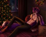  2018 5_fingers abs anthro barefoot canine clothed clothing detailed_background digital_media_(artwork) ear_piercing elvofirida hair mammal piercing purple_hair smile solo topless yellow_eyes 