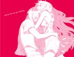  1boy 1girl bare_shoulders breasts couple darling_in_the_franxx fringe hiro_(darling_in_the_franxx) horns hug large_breasts long_hair monochrome nightgown npn oni_horns shirt shirt_down shirt_pull short_hair sleeveless sleeveless_shirt zero_two_(darling_in_the_franxx) 