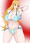  1girl bare_shoulders bent_over bikini bracelet breasts brown_eyes cleavage curvy erect_nipples female hips huge_breasts jewelry long_hair looking_at_viewer nami_(one_piece) one_piece open_mouth orange_hair solo swimsuit tattoo teeth thighs underboob wide_hips 