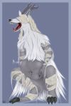  2015 abdominal_bulge antlers asaneman bandage blindfold bloodborne canine female feral fur grey_background hand_imprint holding_belly horn mammal navel saliva simple_background solo vicar_amelia video_games vore were werewolf white_fur 