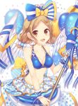  balloon bikini blue_bikini blue_bow blue_ribbon bow brown_eyes character_request confetti innertube light_brown_hair looking_at_viewer navel open_mouth rento_(rukeai) ribbon shironeko_project smile striped swimsuit twitter_username vertical_stripes wings yellow_bow 