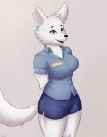  anthro breasts canine clothing cooliehigh female fox fur mammal shorts simple_background skirt solo uniform white_fur yellow_eyes 