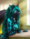  2018 5_fingers anthro blue_hair breasts canine clothed clothing digital_media_(artwork) ear_piercing elvofirida female freya_(zionsangel) hair jewelry mammal necklace nipples outside piercing purple_eyes smile solo 