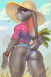  animal_ears ass bunny bunny_ears bunny_tail carrot contrapposto cowboy_shot cutoffs day denim denim_shorts from_behind fur furry grey_fur half-closed_eyes hat judy_hopps looking_back midriff miles-df pink_shirt plaid plaid_shirt purple_eyes shirt short_shorts shorts sleeves_pushed_up snout solo standing straw_(stalk) straw_hat tail thighs watch wristwatch zootopia 