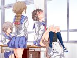  3girls black_hair blue_skirt blush braid breasts brown_hair chair classroom clenched_teeth cunnilingus desk ero-note:_ore_ga_nani_shite_mo_mondai_ni_naranai_kyoushitsu eyes_closed feet full-face_blush grey_hair hair_ribbon highres indoors leg_up legs long_hair motion_lines multiple_girls nyuu_(manekin-eko) oral orgasm original public pussy_juice ribbon sailor_collar saliva school_bag school_uniform serafuku shoes short_hair single_braid sitting skirt small_breasts spread_legs standing thighs wet window 