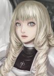  anastasia_(claymore) armor bangs blonde_hair bright_pupils claymore drill_hair grey_eyes lips long_hair looking_at_viewer parted_lips pink_lips shoulder_armor solo spaulders tea_(nakenashi) twin_drills upper_body 