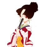  bangs black_hair blunt_bangs bright_pupils doremi earrings fan folding_fan holding holding_fan inuyasha japanese_clothes jewelry kagura_(inuyasha) kimono long_sleeves looking_at_viewer one_eye_closed pointy_ears red_eyes simple_background solo tied_hair upper_body white_background wide_sleeves 