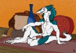  2018 anthro balls erection fur looking_at_viewer lynxwolf male mammal nude penis sergal sitting smile solo tongue tongue_out 