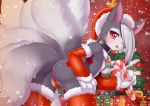  anthro armwear bikini blush breasts bridal_gauntlets butt camel_toe candy candy_cane canine christmas clothed clothing dani_(wolflong) female food fox fur grey_fur hat holidays legwear looking_at_viewer looking_back mammal multi_tail nine_tailed_fox raised_tail rear_view red_eyes santa_hat skimpy small_breasts solo stockings swimsuit wolflong 