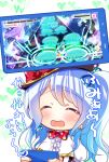  ^_^ bang_dream! bangs blue_hair blue_ribbon blush bow cellphone center_frills closed_eyes commentary_request earrings eyebrows_visible_through_hair gameplay_mechanics hair_ribbon hat hat_bow health_bar heart holding holding_phone jellyfish jewelry long_hair matsubara_kanon one_side_up open_mouth partial_commentary phone playing_games polka_dot_neckwear red_bow red_neckwear ribbon smartphone smile smiley_face solo star translated tsurugi_hikaru upper_body 