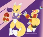  anthro armwear black_sclera butt clothing digimon embarrassed flamedramon fur getting_dressed ineedanaccount renamon undressing yellow_fur 