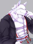  2018 abs anthro canine clothed clothing digital_media_(artwork) fur kemono kenjilokung male mammal muscular open_shirt pecs simple_background white_fur wolf 