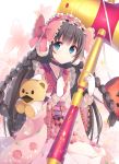  blue_eyes bow braid bug butterfly character_request dress flower gloves headdress holding_mallet insect long_hair looking_at_viewer pink_dress red_bow rento_(rukeai) shironeko_project smile stuffed_animal stuffed_toy teddy_bear twitter_username white_gloves 