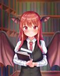  1girl absurdres bangs bat_wings black_vest blush book bookshelf breasts closed_mouth eyebrows_visible_through_hair head_wings highres holding holding_book indoors juliet_sleeves koakuma large_breasts library light_smile long_hair long_sleeves looking_at_viewer necktie puffy_sleeves red_eyes red_hair red_necktie rpbdu4786 solo touhou vest wing_collar wings 