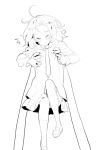  1girl ahoge blush closed_eyes closed_mouth doremi facing_viewer greyscale hands_up knee_up long_arms long_sleeves monochrome necktie original pleated_skirt shoes short_hair simple_background skirt socks solo white_background 