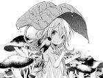  ahoge bird chiya_(urara_meirochou) commentary_request greyscale hair_between_eyes harikamo highres leaf leaf_umbrella long_hair monochrome mushroom official_art rain solo urara_meirochou 