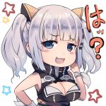  :3 :d absurdres bangs bare_shoulders black_dress blue_eyes blush breasts cleavage cleavage_cutout commentary_request dress dyson_(edaokunnsaikouya) eyebrows_visible_through_hair fang hair_ornament hairclip highres kaguya_luna kaguya_luna_(character) large_breasts looking_at_viewer obi open_mouth sash silver_hair simple_background sleeveless sleeveless_dress smile solo star translation_request twintails virtual_youtuber white_background 