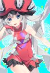  :d bangs bare_shoulders big_hat blue_background blue_eyes diamond_(shape) dress eyebrows eyebrows_visible_through_hair eyelashes eyes_visible_through_hair fate/grand_order fate_(series) floral_background flower frilled_hat frills gloves hair_between_eyes hand_up hat long_hair marie_antoinette_(fate/grand_order) mimiko_(fuji_310) open_mouth outline red_dress red_gloves red_hat rose short_dress sidelocks silver_hair sleeveless sleeveless_dress smile solo tongue twintails very_long_hair white_outline 