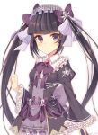  black_dress black_eyes black_hair bow cranny_(shironeko_project) dress hair_ornament lolita_fashion long_hair long_sleeves looking_at_viewer purple_bow rento_(rukeai) shironeko_project skull skull_hair_ornament smile solo twintails twitter_username 