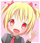  :d alternate_hairstyle arm_up bangs black_vest blonde_hair blush bow collared_shirt commentary_request dutch_angle eyebrows_visible_through_hair fang fingernails grey_shirt hair_bow heart highres juliet_sleeves long_sleeves looking_at_viewer makuran necktie open_mouth pink_background puffy_sleeves red_bow red_eyes red_neckwear rumia shirt smile solo touhou two-tone_background two_side_up vest white_background 