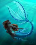  2018 anthro blue_eyes breasts digital_media_(artwork) equine female hair horn horse looking_at_viewer mammal marine merfolk nipples nude quillu quillu_(character) simple_background smile solo unicorn water 