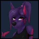  2018 an_ancient anthro aphex bust_(disambiguation) canine clothed clothing dog female fur headshot husky looking_at_viewer mammal pink_eyes ponytail purple_fur simple_background smile solo tattoo wolf 