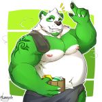  2018 4_fingers abstract_background anthro bear biceps biped black_nose claws clothed clothing digital_media_(artwork) fangs front_view fur green_fur half-length_portrait head_tuft hi_res holding_object kamyuelo male mammal multicolored_fur musclegut muscular muscular_male navel niko_green nipples panda pecs pink_nipples portrait sabertooth_(feature) signature smile solo standing tattoo teeth topless two_tone_fur white_claws white_fur 