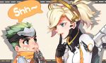  1girl bandaid_on_cheek bodysuit breasts brown_eyes child emblem finger_to_mouth fingerless_gloves forehead_protector genji_(overwatch) gloves green_hair high_ponytail japanese_clothes looking_at_another mechanical_halo mechanical_wings medium_breasts medium_hair mercy_(overwatch) nose overwatch parted_lips patch pink_lips scarf shadow short_hair shushing speech_bubble upper_body white_bodysuit wings young_genji younger zonana 