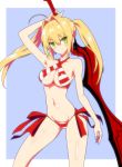  aestus_estus ahoge arm_up bikini blonde_hair breasts commentary_request criss-cross_halter earrings fate/grand_order fate_(series) gin'you_haru green_eyes hair_between_eyes halterneck head_tilt highres jewelry large_breasts light_smile long_hair looking_at_viewer navel nero_claudius_(fate)_(all) nero_claudius_(swimsuit_caster)_(fate) solo striped striped_bikini swimsuit twintails 