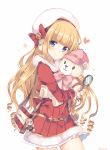  bag beret blonde_hair blue_hair bow character_request dress drill_hair hat heart holding holding_stuffed_animal looking_at_viewer magnifying_glass red_bow red_dress rento_(rukeai) shironeko_project smile solo star stuffed_animal stuffed_toy teddy_bear twitter_username 