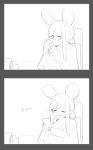  2koma :q animal_ears bangs blunt_bangs blush chair closed_eyes comic cup doremi double_bun drinking facing_viewer fingernails greyscale happy highres korean long_sleeves looking_at_viewer monochrome mouse_ears original sidelocks simple_background sitting sleeves_past_wrists smile tongue tongue_out white_background 