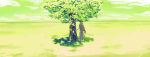  barefoot blonde_hair cloud copyright_request doremi dress facing_viewer field from_behind grass green green_sky grey_dress horizon long_hair low-tied_long_hair sash solo standing tree tree_shade under_tree 