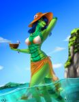  2018 5_fingers anthro bikini blue_hair breasts clothed clothing day detailed_background digital_media_(artwork) elvofirida female hair hat lizard midriff navel outside partially_submerged red_eyes reptile sarong scalie sky solo swimsuit water 