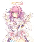  dress gradient_hair green_hair halo hand_on_own_chest luka_(shironeko_project) multicolored_hair pink_dress pink_hair purple_hair rento_(rukeai) shironeko_project solo star twitter_username white_dress wings 
