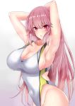  alternate_hairstyle armpits arms_behind_head arms_up bangs bare_arms blush breasts breath cleavage collarbone commentary competition_swimsuit covered_navel cowboy_shot eyebrows_visible_through_hair eyelashes fate/grand_order fate_(series) florence_nightingale_(fate/grand_order) gradient gradient_background grey_swimsuit groin hair_between_eyes hair_down highleg highleg_swimsuit highres large_breasts long_hair looking_at_viewer nose_blush one-piece_swimsuit pink_hair purple_eyes sankakusui shiny shiny_hair shiny_skin sideboob sidelocks skindentation solo standing sweat swimsuit very_long_hair 
