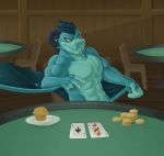  2018 ahnik blue_scales card chair coin dragon food gold_(metal) gold_coin inside looking_at_viewer male muffin muscular playing_card reptile scales scalie signature sitting solo table yellow_sclera 