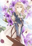  bangs brown_gloves dress eyebrows_visible_through_hair floating_hair flower gloves green_eyes hair_between_eyes highres holding kame_(pixiv) letter long_dress long_hair parted_lips purple_flower solo standing suitcase violet_evergarden violet_evergarden_(character) white_dress white_neckwear 